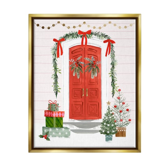 Stupell Industries Red Jolly Christmas Doorway Gold Framed Floater Canvas Wall Art